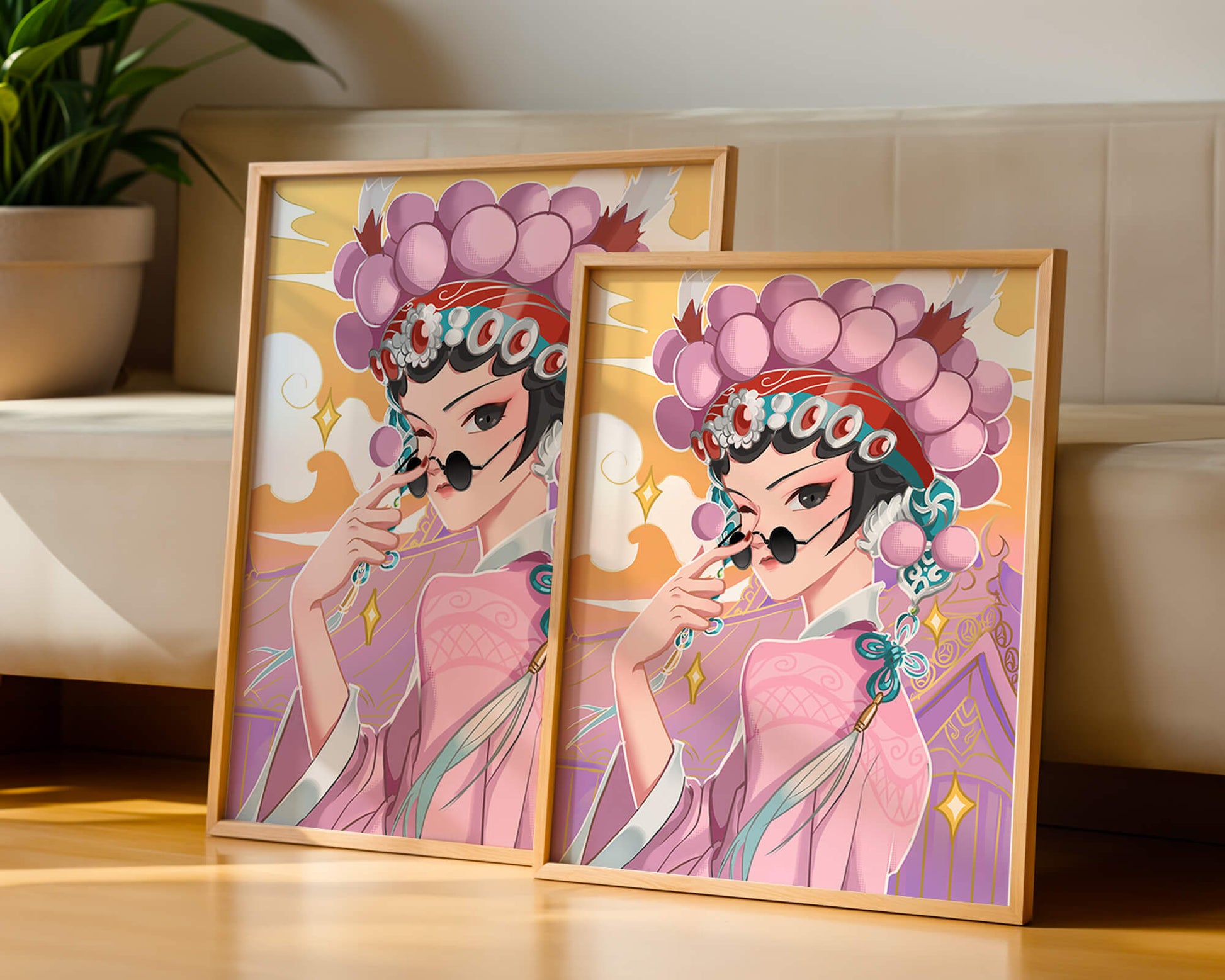 Elegant anime character in traditional attire with golden accents