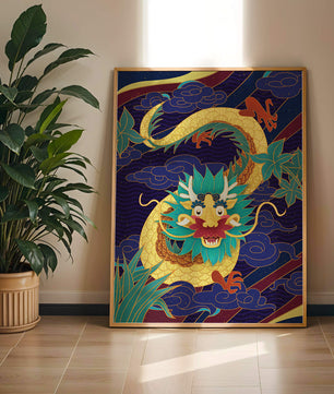 Illustration de dragon coloré avec des nuages ​​et des éléments de feuillage