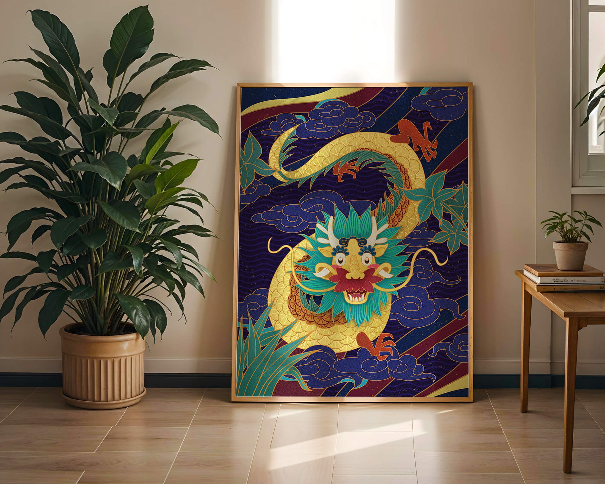 Illustration de dragon coloré avec des nuages ​​et des éléments de feuillage