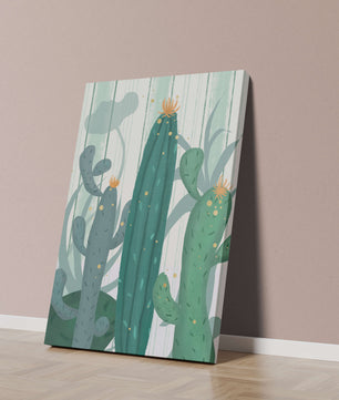 Colorful Cacti with Golden Elements on a Textured Background