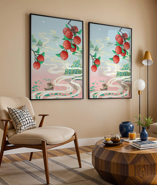 Idyllic Landscape with Lush Lychee Branches and Serene Waterscape