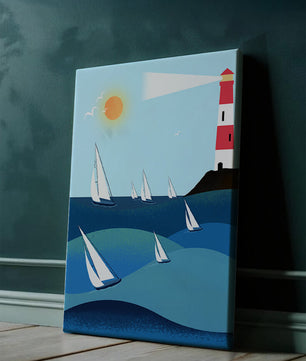 Coastal scene with sailboats and lighthouse on a bright sunny day