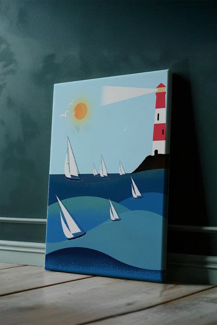 Coastal scene with sailboats and lighthouse on a bright sunny day