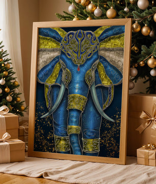 Blue and gold ornate elephant with intricate patterns