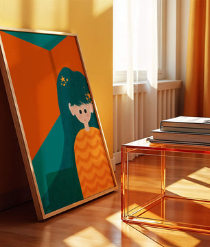 Colorful abstract illustration of a character with teal hair and orange background