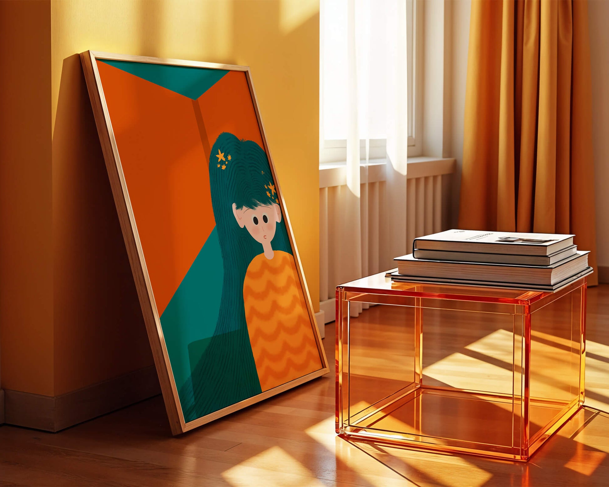 Colorful abstract illustration of a character with teal hair and orange background