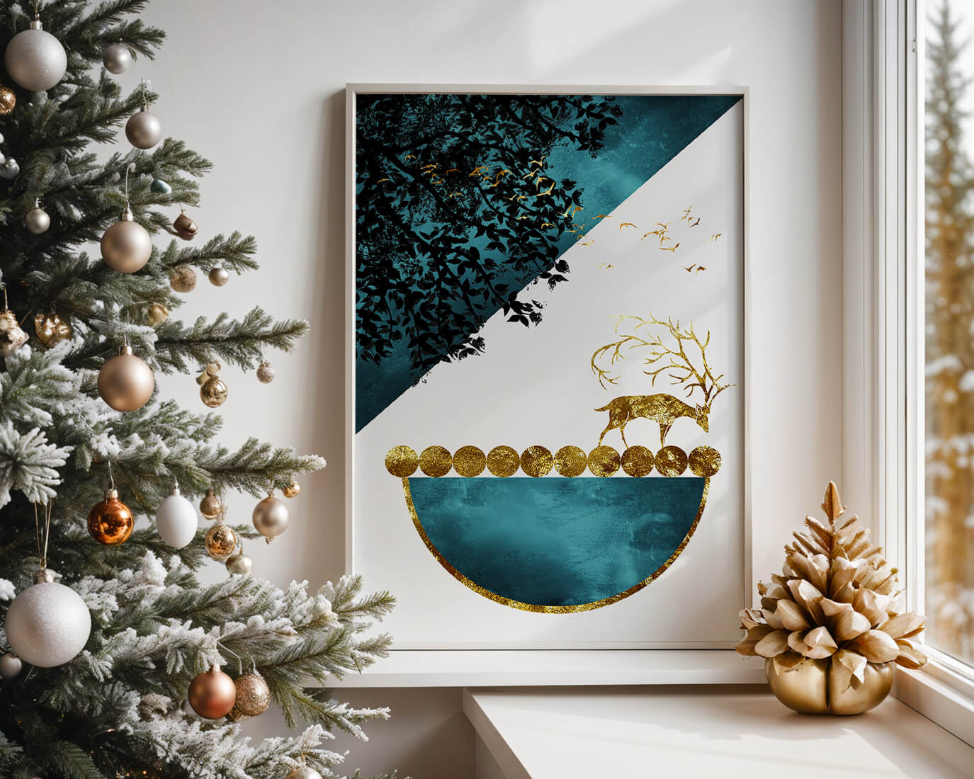 Abstract Deer with Golden Elements in a Mystical Forest Setting