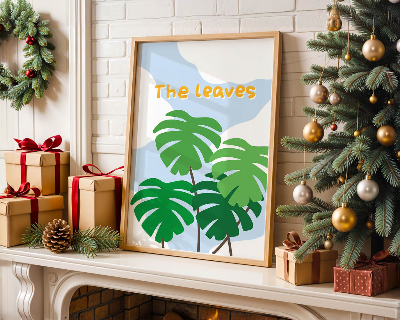 Illustrative tropical leaves with blue sky background for home decor