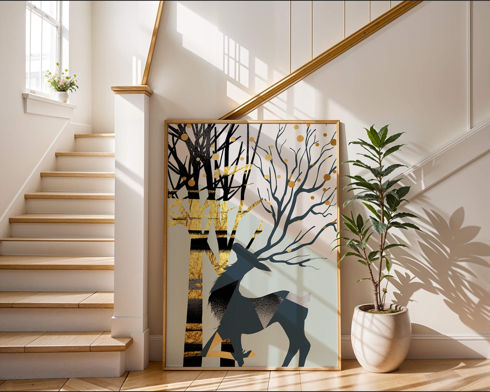 Abstract Deer Silhouette with Golden Accents and Trees