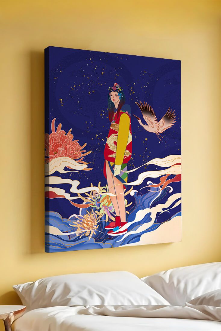 Elegant fusion of traditional and modern art with floral and avian elements