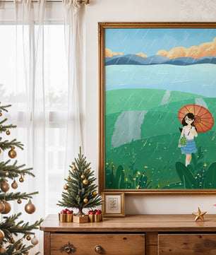 Girl with Umbrella in Rainy Meadow