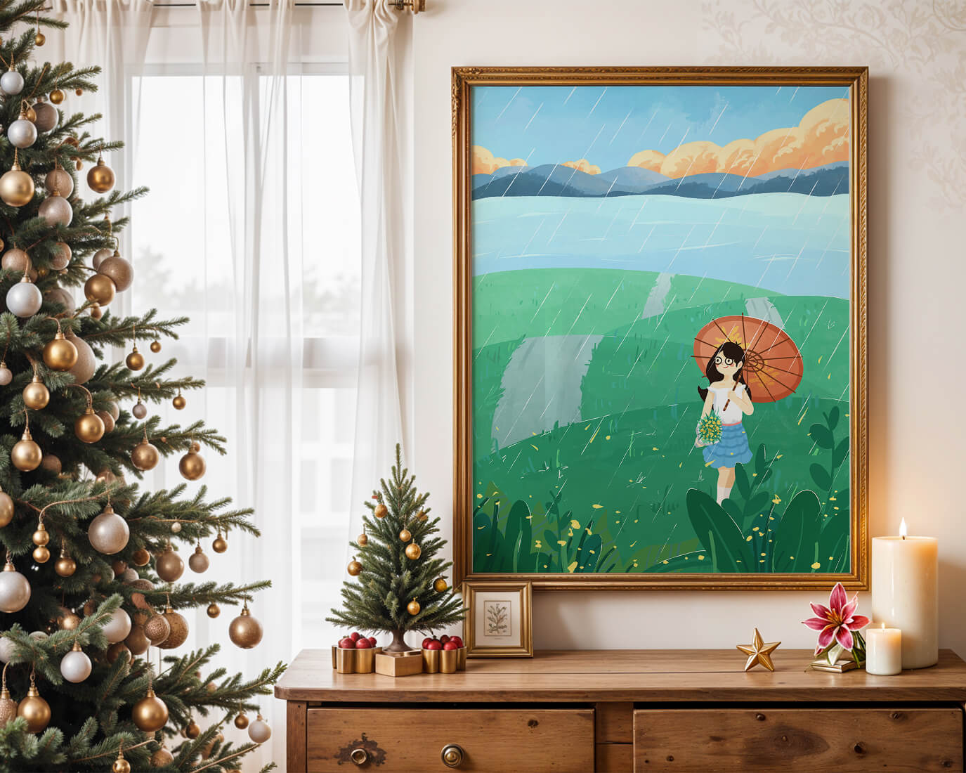 Girl with Umbrella in Rainy Meadow