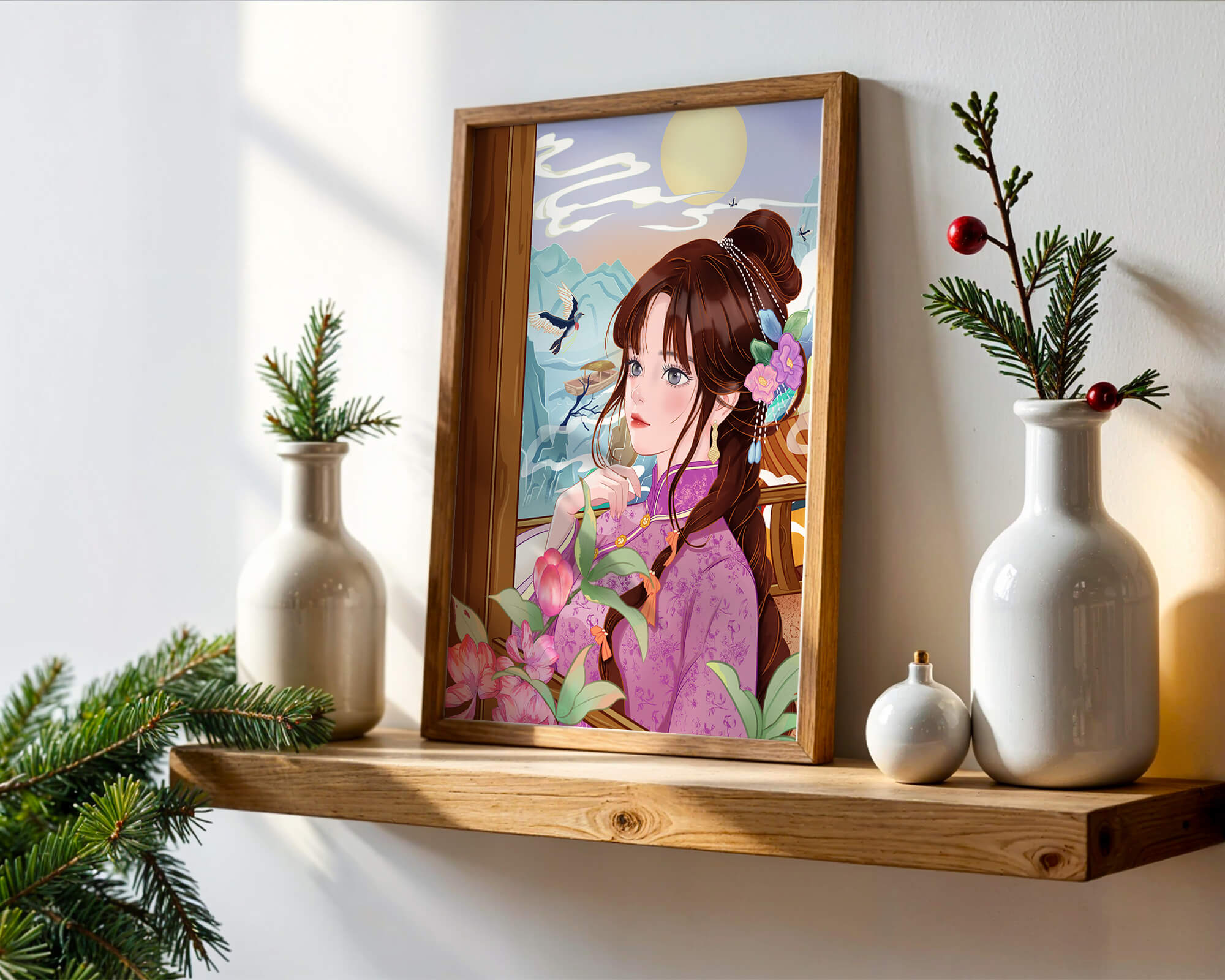 Serene landscape with a woman in traditional dress and mountain view