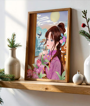 Serene landscape with a woman in traditional dress and mountain view