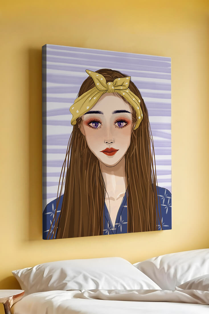 Illustration of a woman with a yellow headband against a striped background