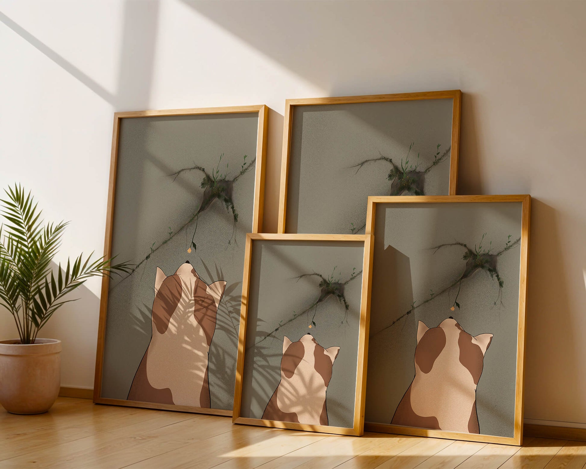 Chat observant une fleur poussant sur un mur fissuré