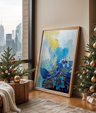 Floral illustration with blue leaves and golden accents on abstract background