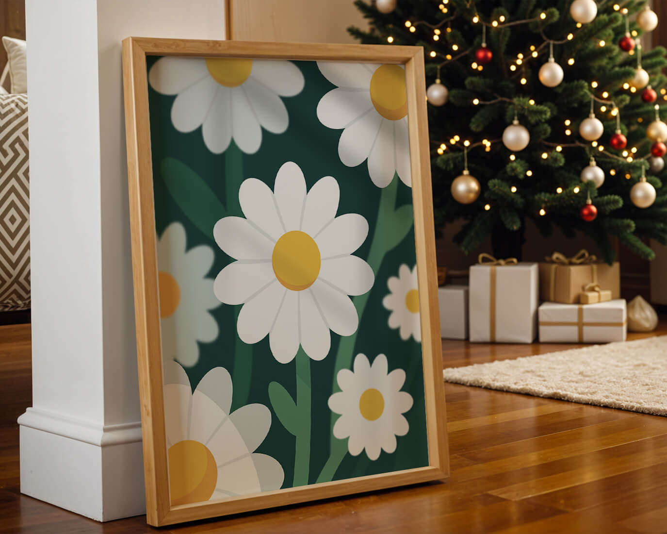 Margaritas sobre fondo verde oscuro con diseño abstracto