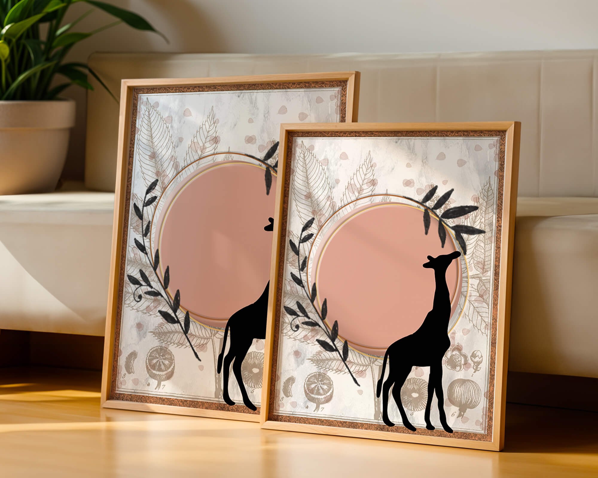 Nature-inspired artwork with giraffe silhouette and botanical elements
