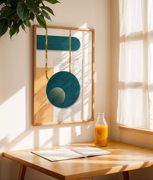 Abstract geometric design with gold accents and textured elements