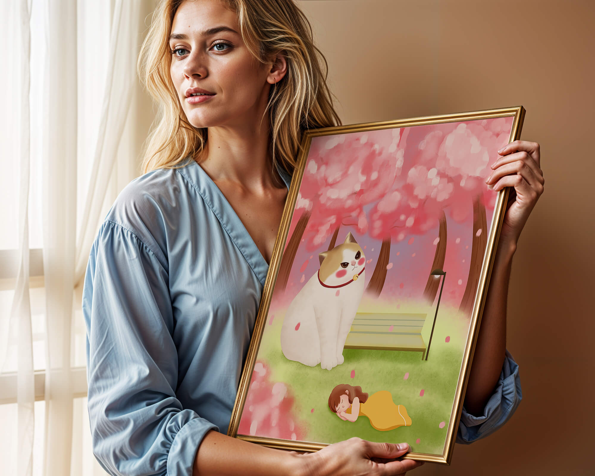 Whimsical scene with giant cat and girl under cherry blossoms