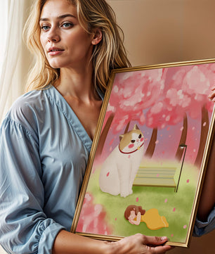 Whimsical scene with giant cat and girl under cherry blossoms