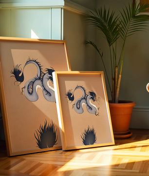 Illustration of a mystical dragon with fluid form on a beige background
