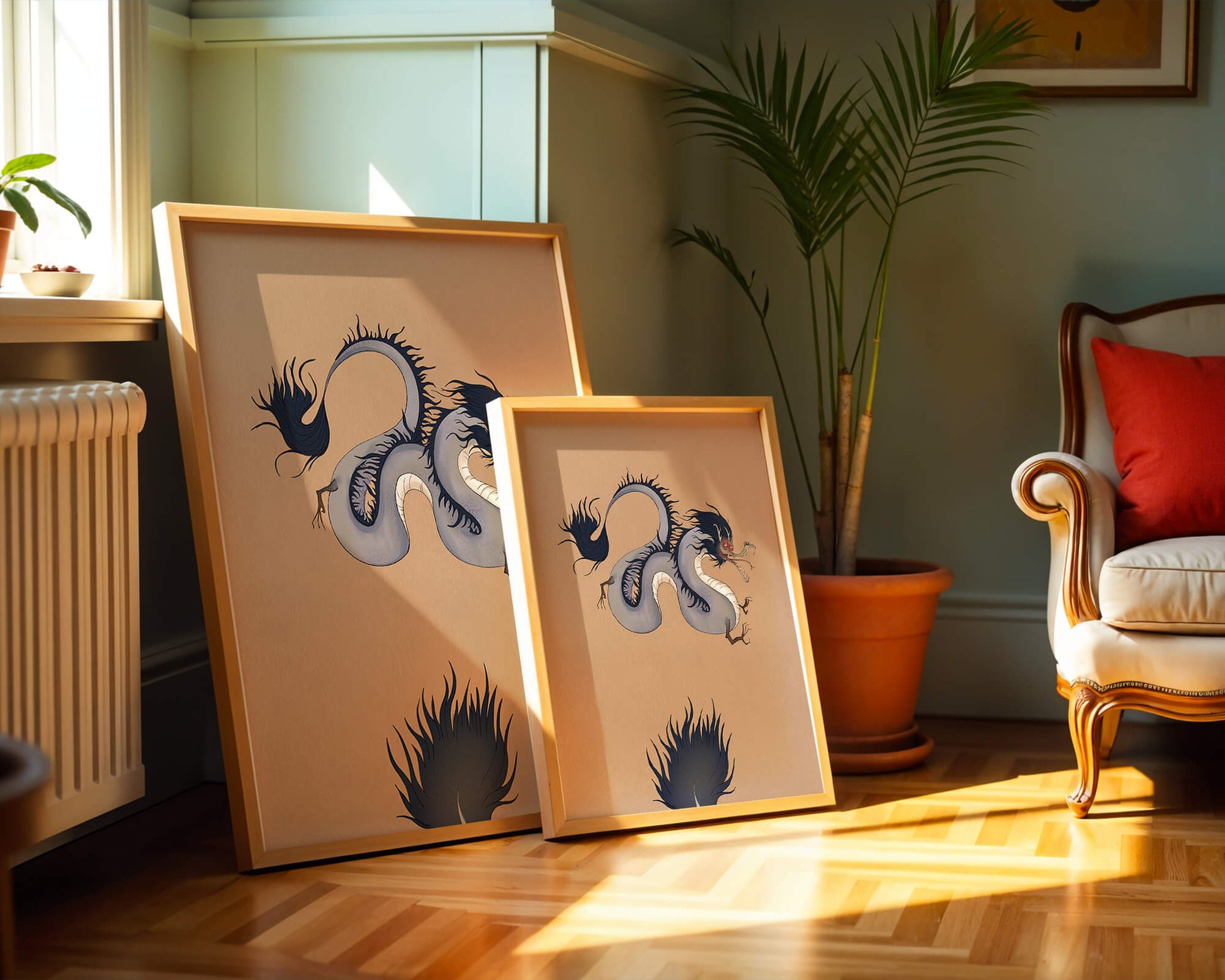 Illustration of a mystical dragon with fluid form on a beige background