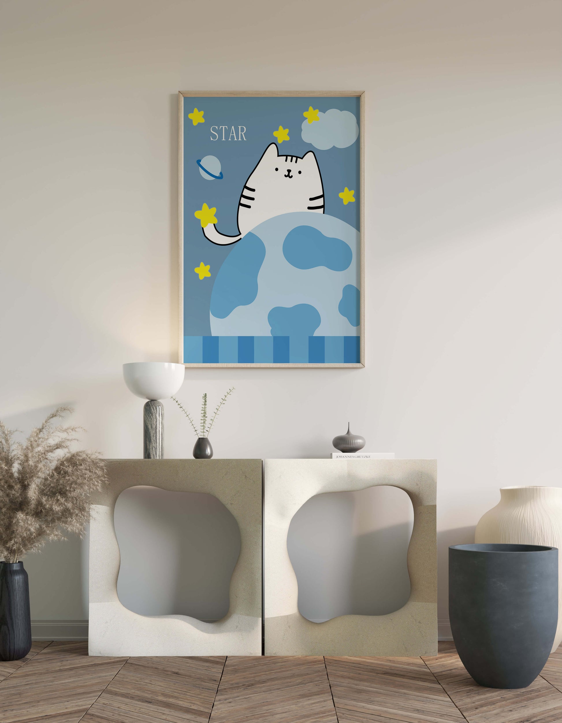 Illustration of a cute cat in space with stars and planets