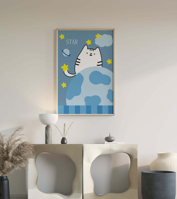 Illustration of a cute cat in space with stars and planets
