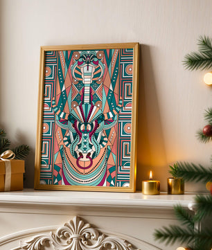 Patrón geométrico de animales con toro y cobra en colores vibrantes