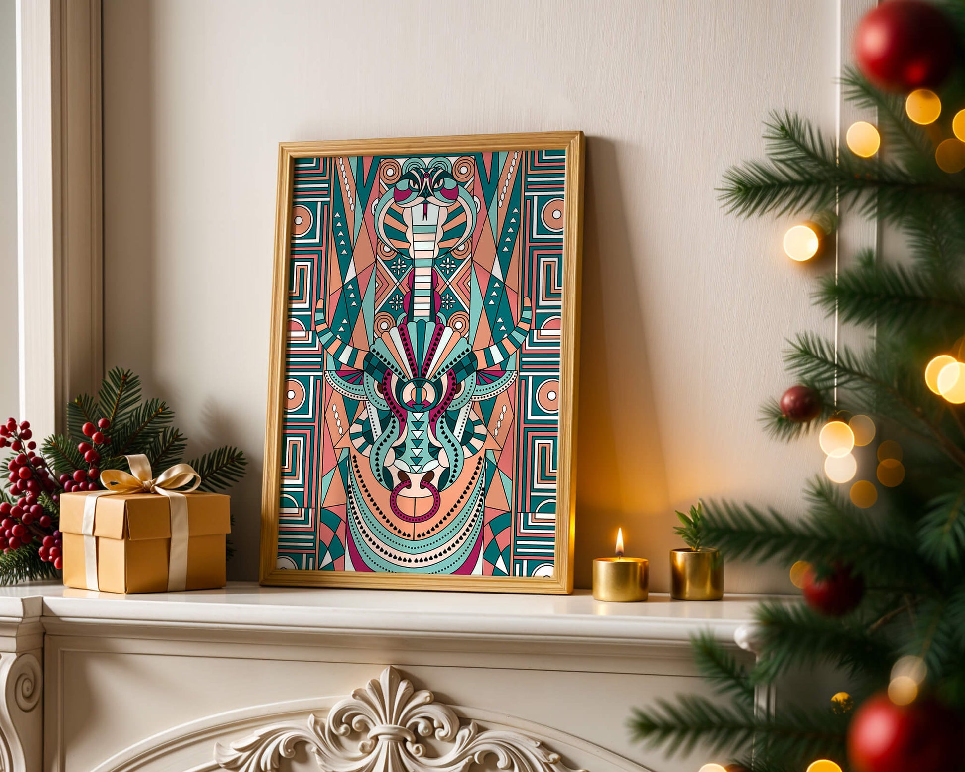 Patrón geométrico de animales con toro y cobra en colores vibrantes