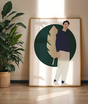Illustration of a man standing with abstract leaf background