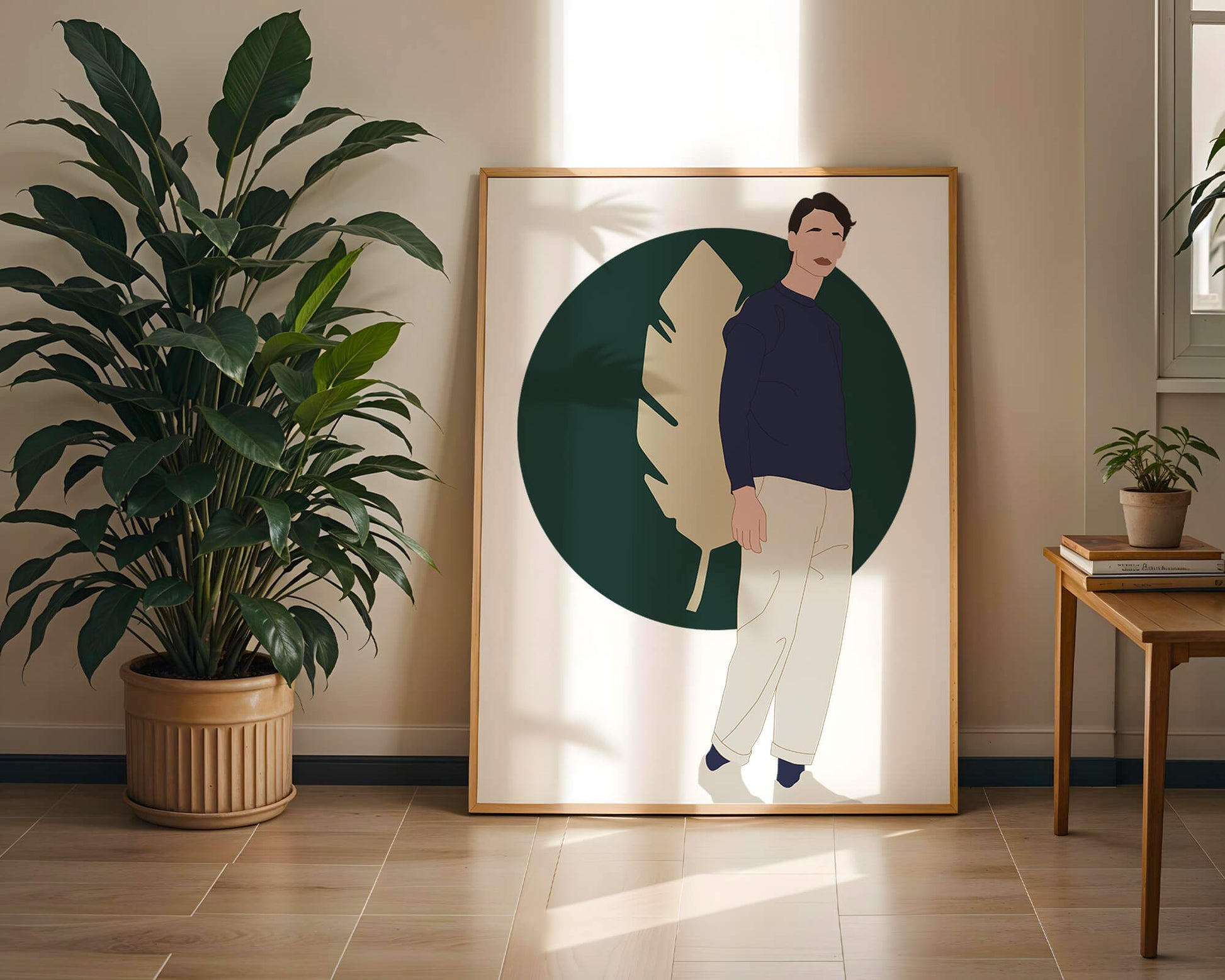 Illustration of a man standing with abstract leaf background