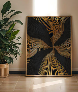 Líneas doradas abstractas sobre fondo negro con flujo dinámico