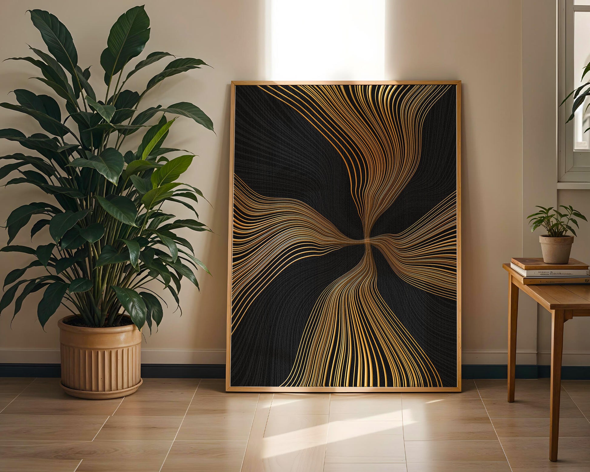 Líneas doradas abstractas sobre fondo negro con flujo dinámico