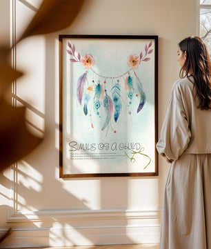 Whimsical dreamcatcher with feathers and flowers in a pastel watercolor style