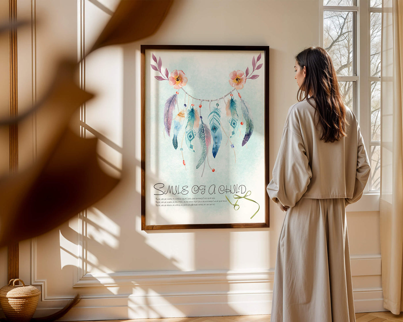 Whimsical dreamcatcher with feathers and flowers in a pastel watercolor style