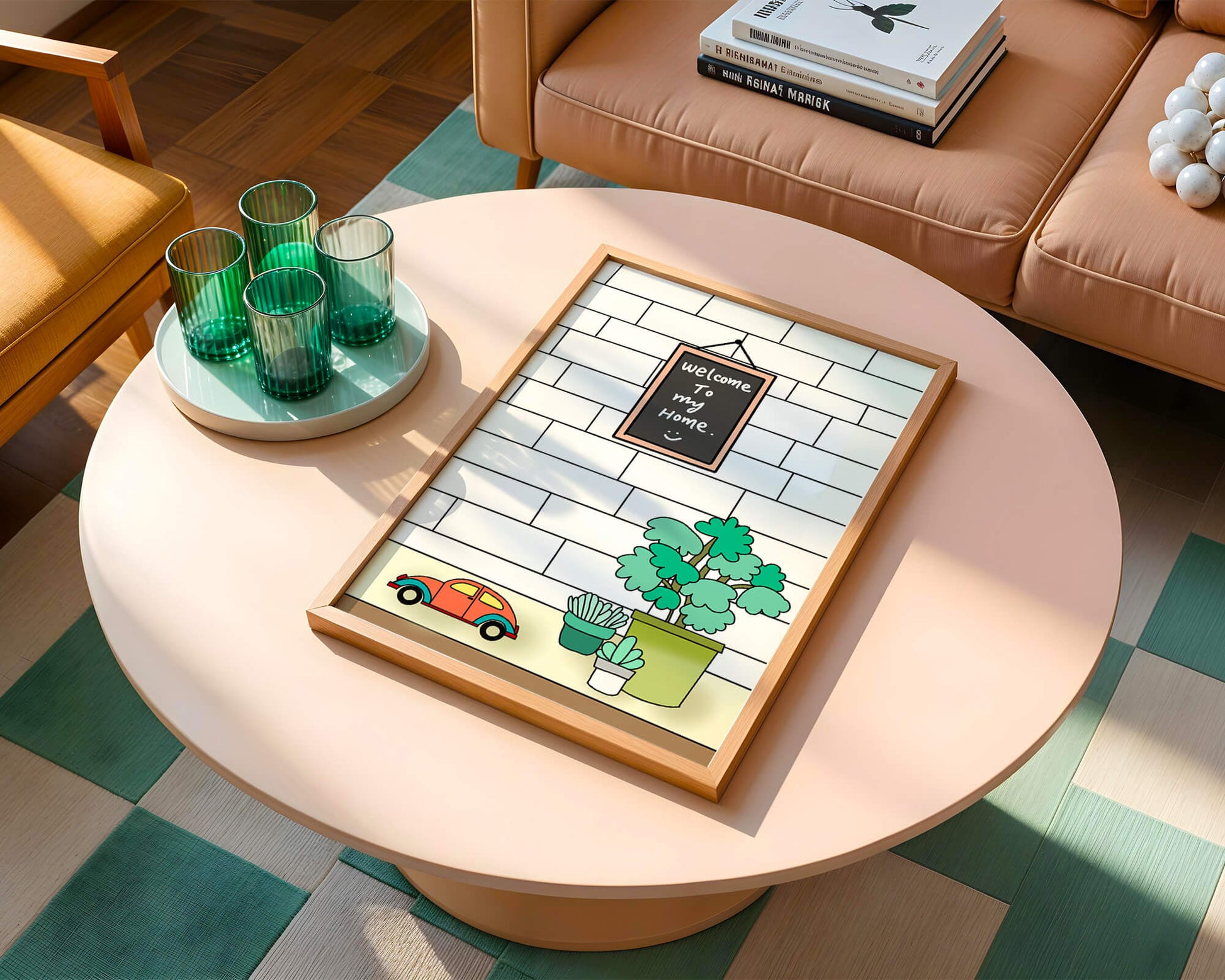 Kreidetafel-Schild mit Topfpflanzen und Spielzeugauto auf Ziegelmauer-Hintergrund