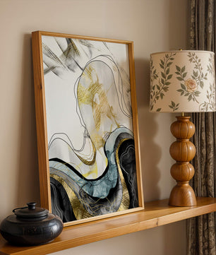Arte abstracto con líneas fluidas y detalles dorados