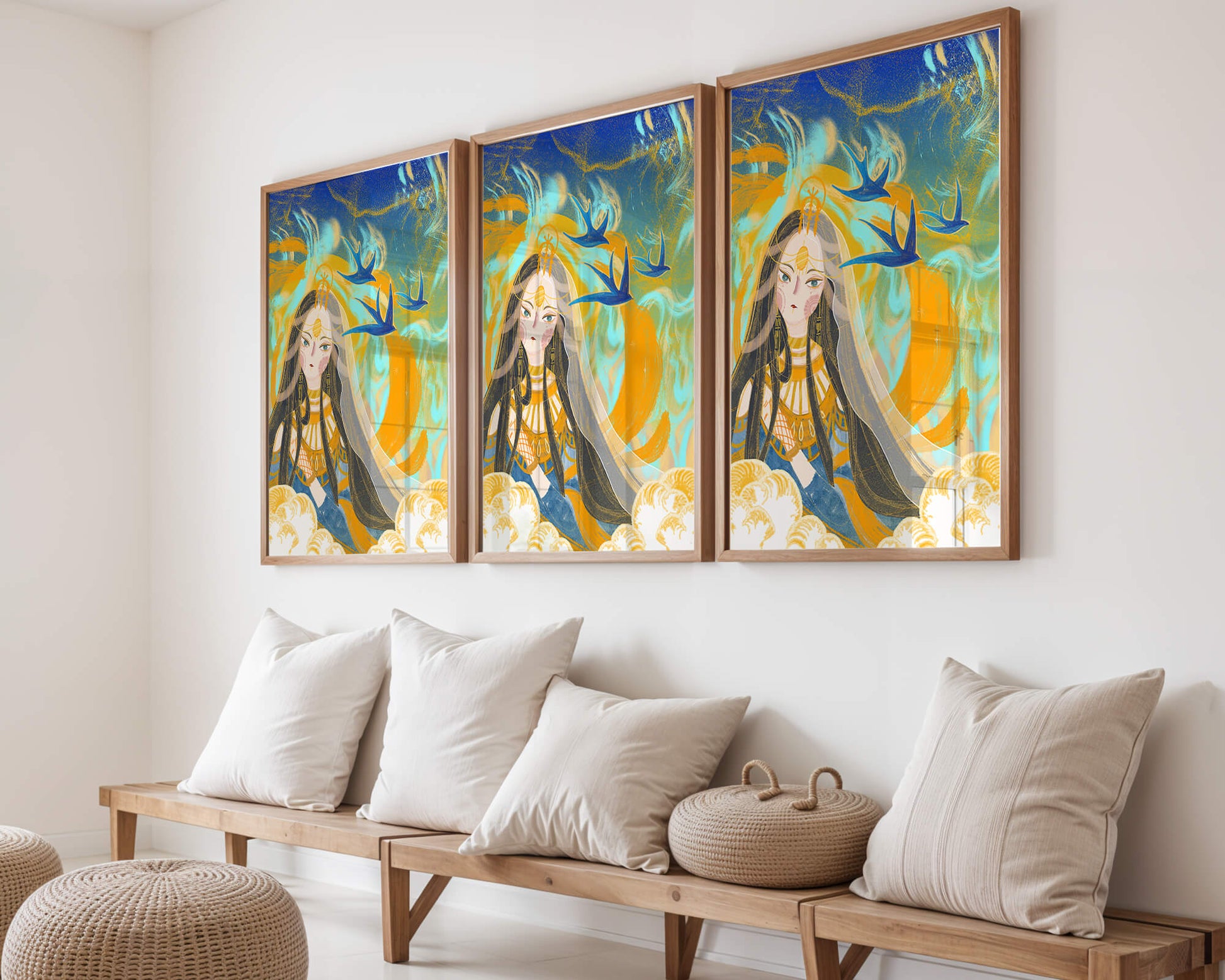Majestic Goddess with Birds and Golden Elements in Mystical Setting