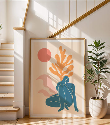 Abstract Nude Figure in Minimalist Design with Botanical Elements