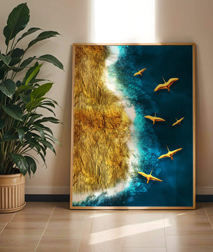 Golden beach landscape with vibrant ocean and flying seabirds