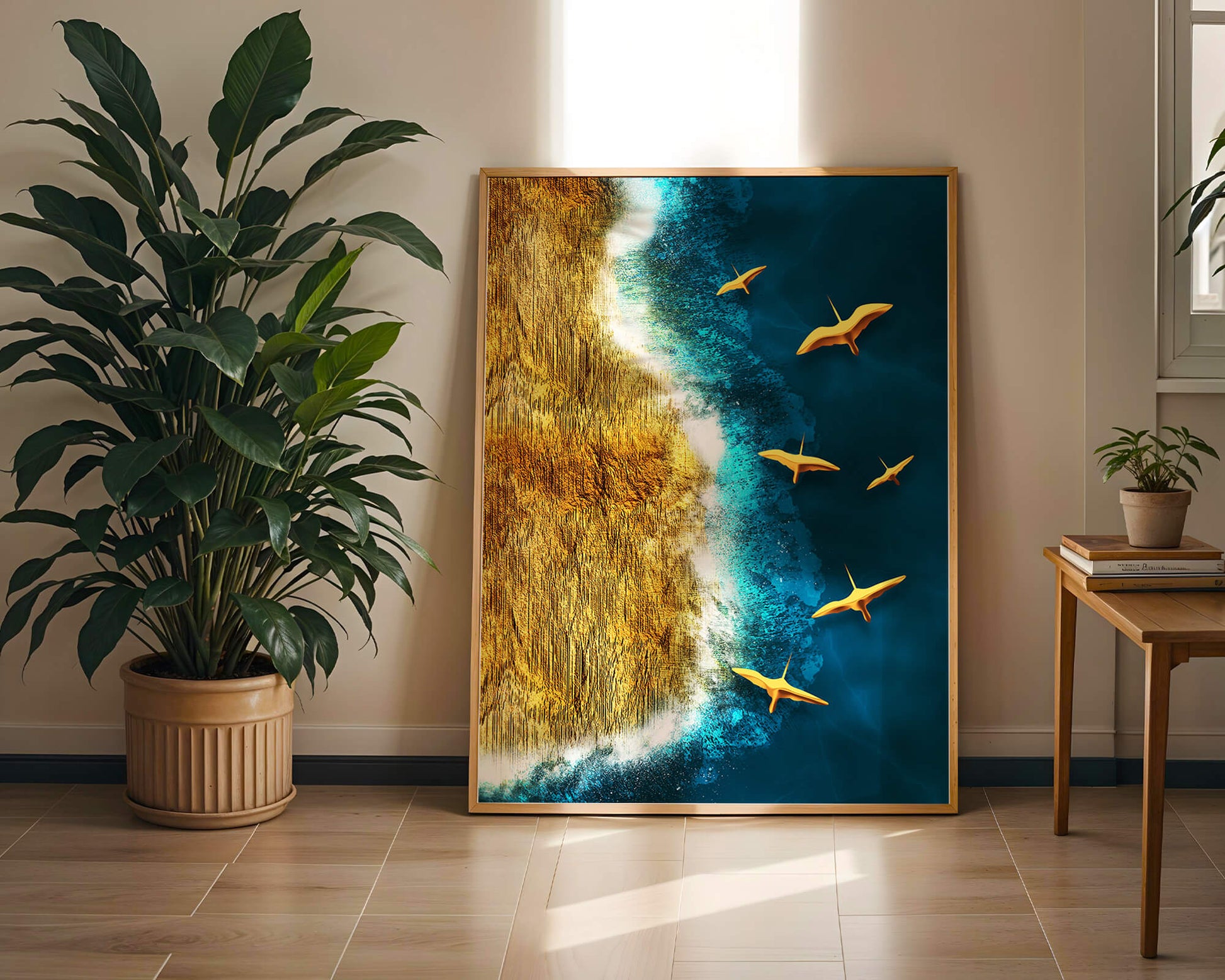 Golden beach landscape with vibrant ocean and flying seabirds