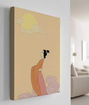Elegant Woman in Traditional Dress with Moon and Clouds