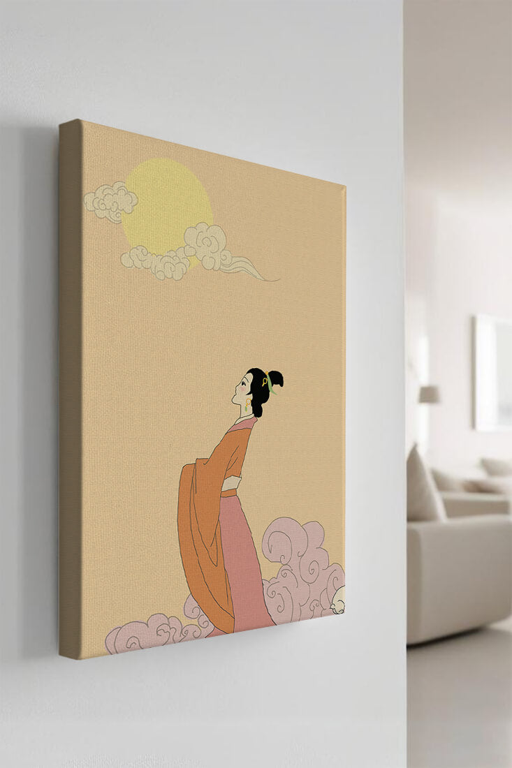 Elegant Woman in Traditional Dress with Moon and Clouds