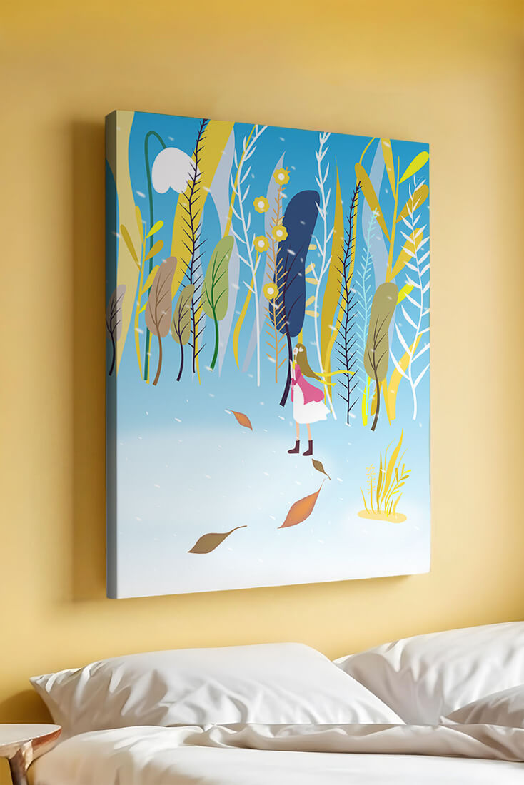Whimsical scene with girl in colorful abstract forest