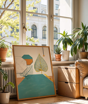 Artistic Composition with Geometric Shapes and Golden Leaf Detail - Mi tienda