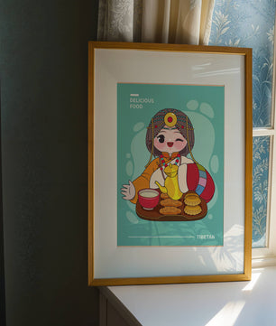 Charmanter tibetischer Charakter mit traditioneller Lebensmittelillustration
