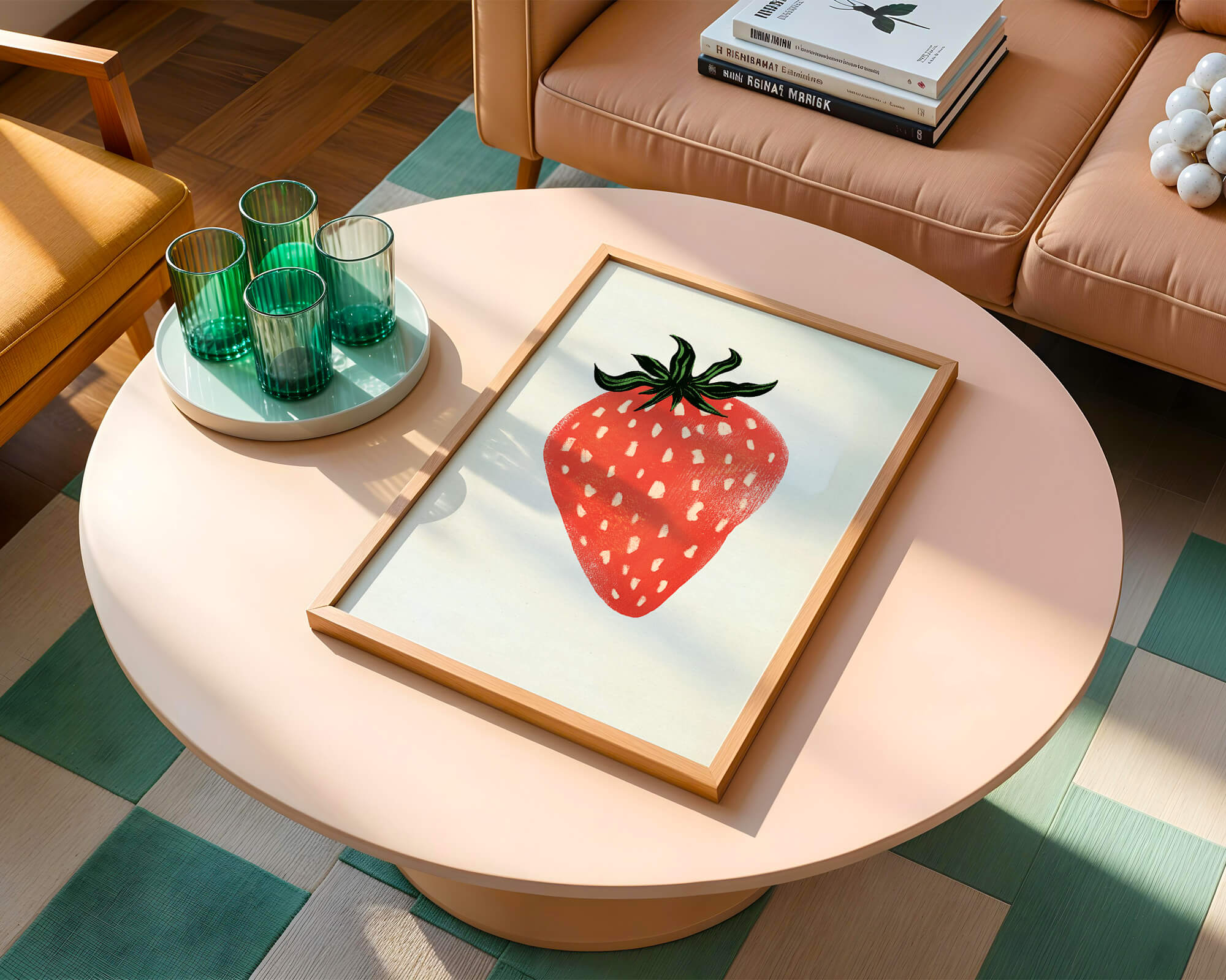 Illustrative design of a vibrant red strawberry with green leaves